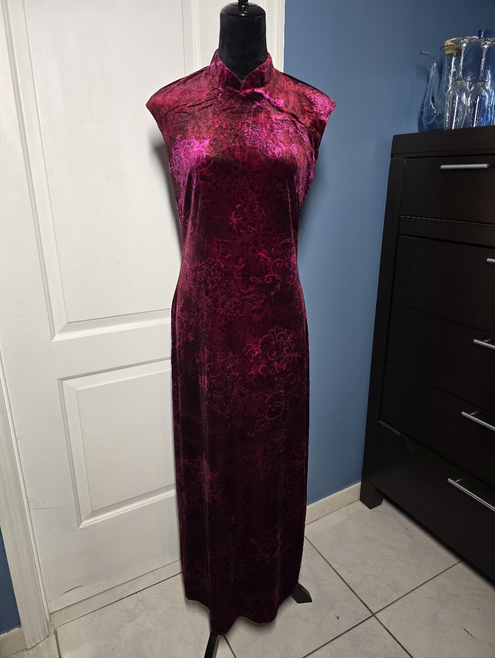 Vtg 90s Burgundy Pink Crushed Velvet Cheongsam Maxi Dress Sz 10 Mandarin Collar